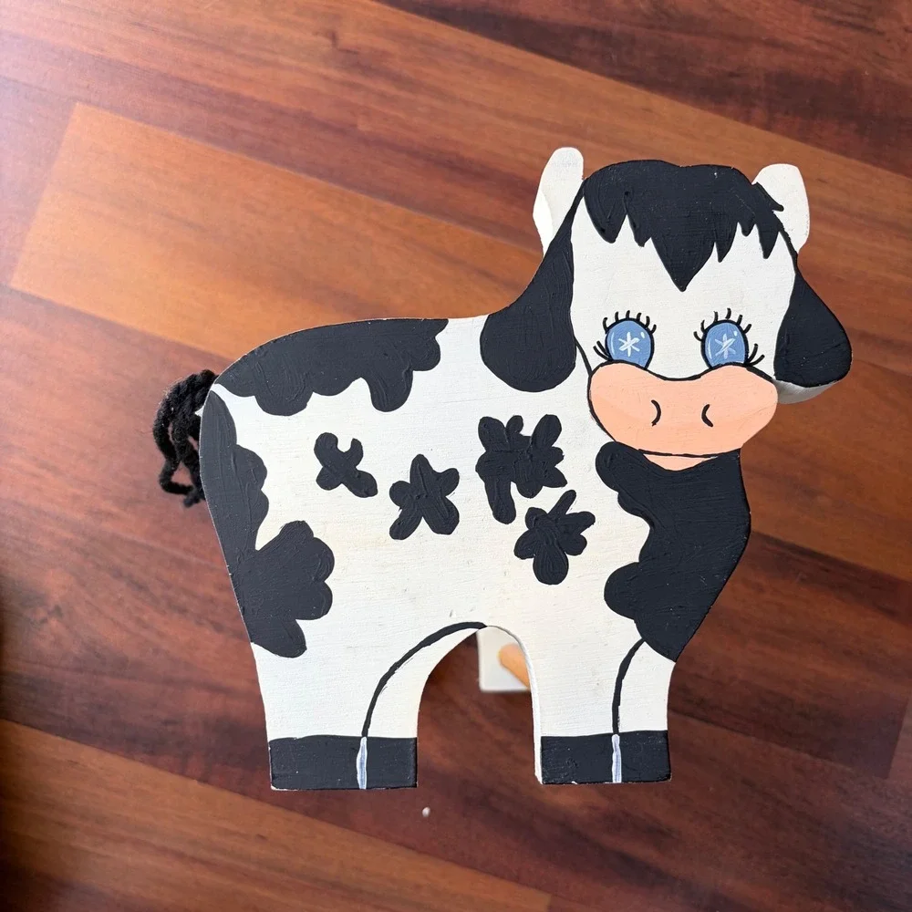 Vintage Hand Painted Wooden Cow Holder‎ Farmhouse Folk Art Decor
